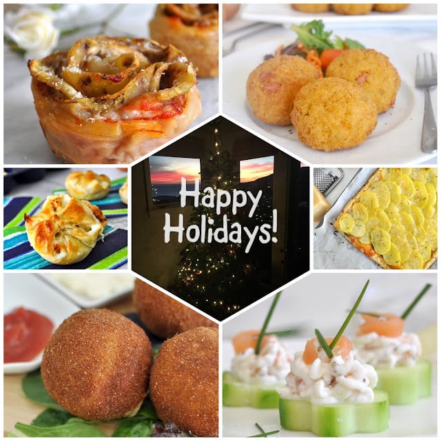 A collage of holiday appetizers including stuffed pastry, croquettes, baked dumplings, pizza, arancini, cucumber bites with creamy topping, and a central image featuring a decorated Christmas tree with Happy Holidays! text.