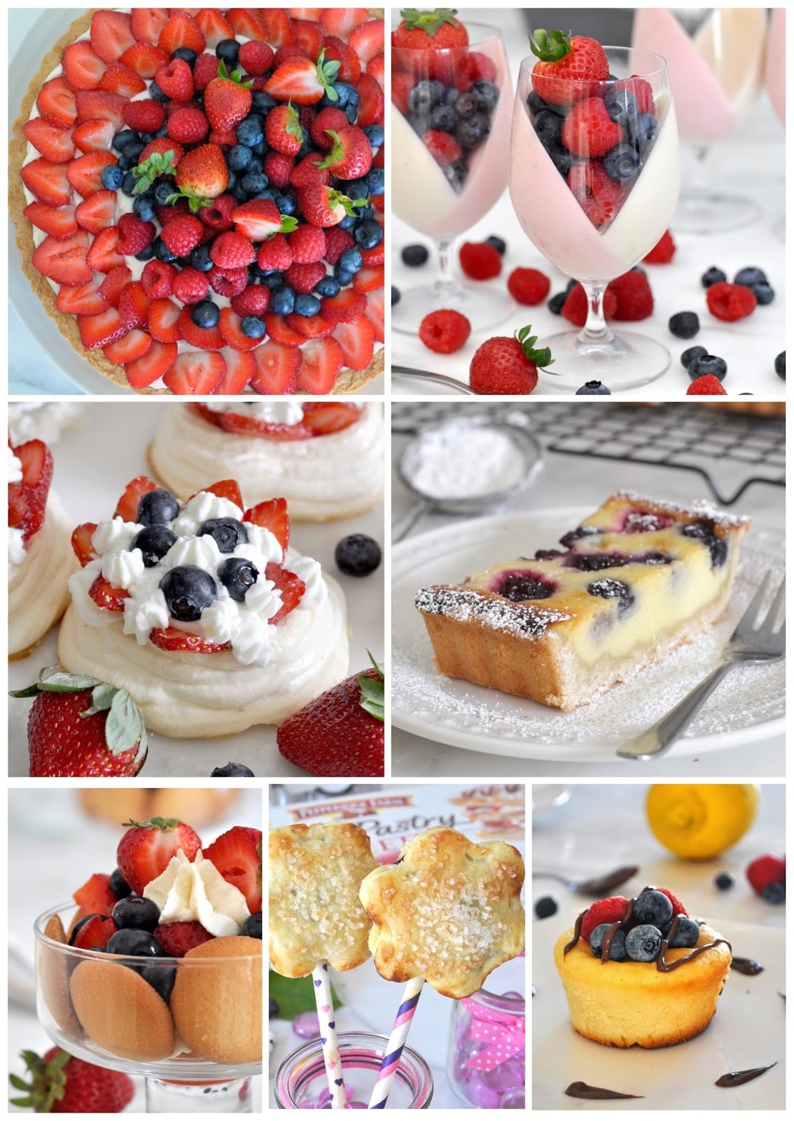 A collage of colorful berry desserts, including tarts, panna cotta, pavlova, pie, mini cakes, fruit-topped puddings, and cookie pops, all beautifully decorated with fresh strawberries, blueberries, and whipped cream.