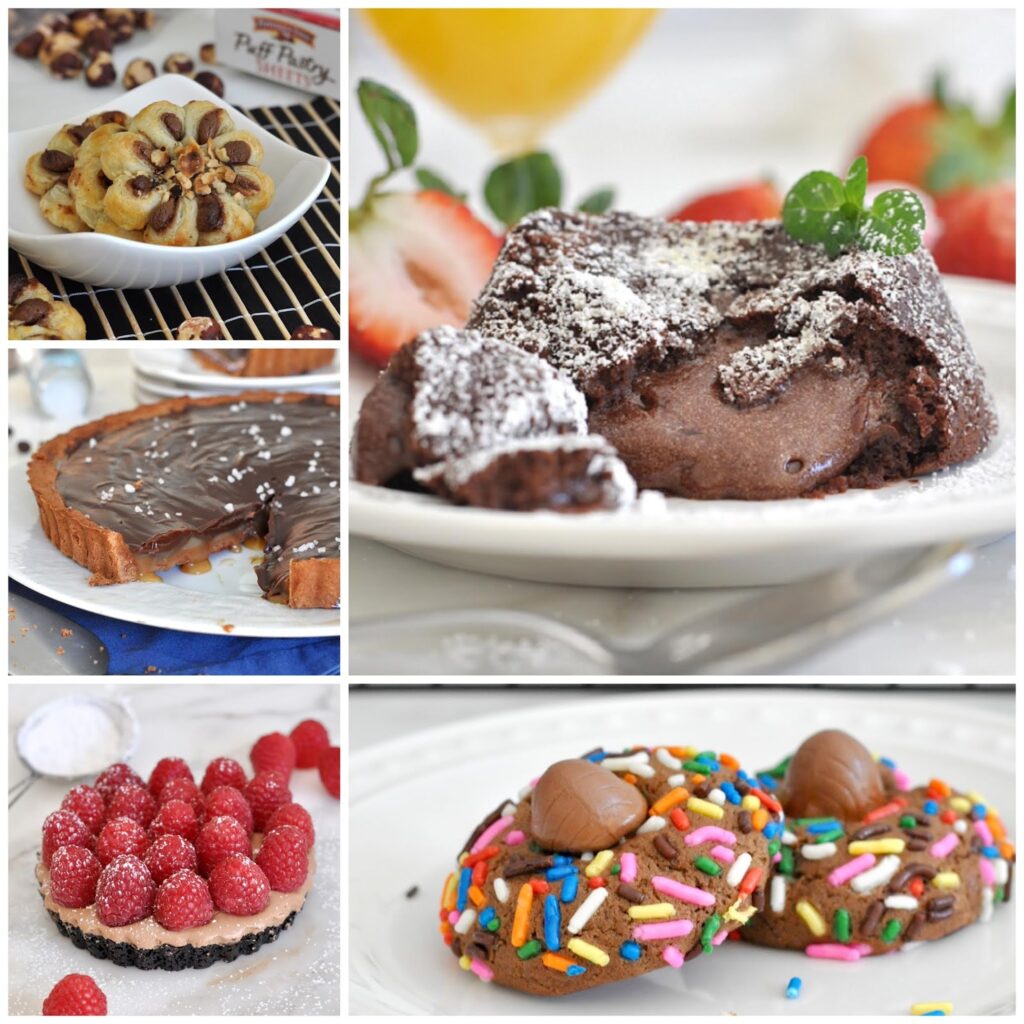 A collage of five desserts: chocolate-studded pastries, a gooey chocolate brownie with powdered sugar, a chocolate tart, a raspberry-topped tart, and colorful sprinkle cookies topped with chocolate pieces.
