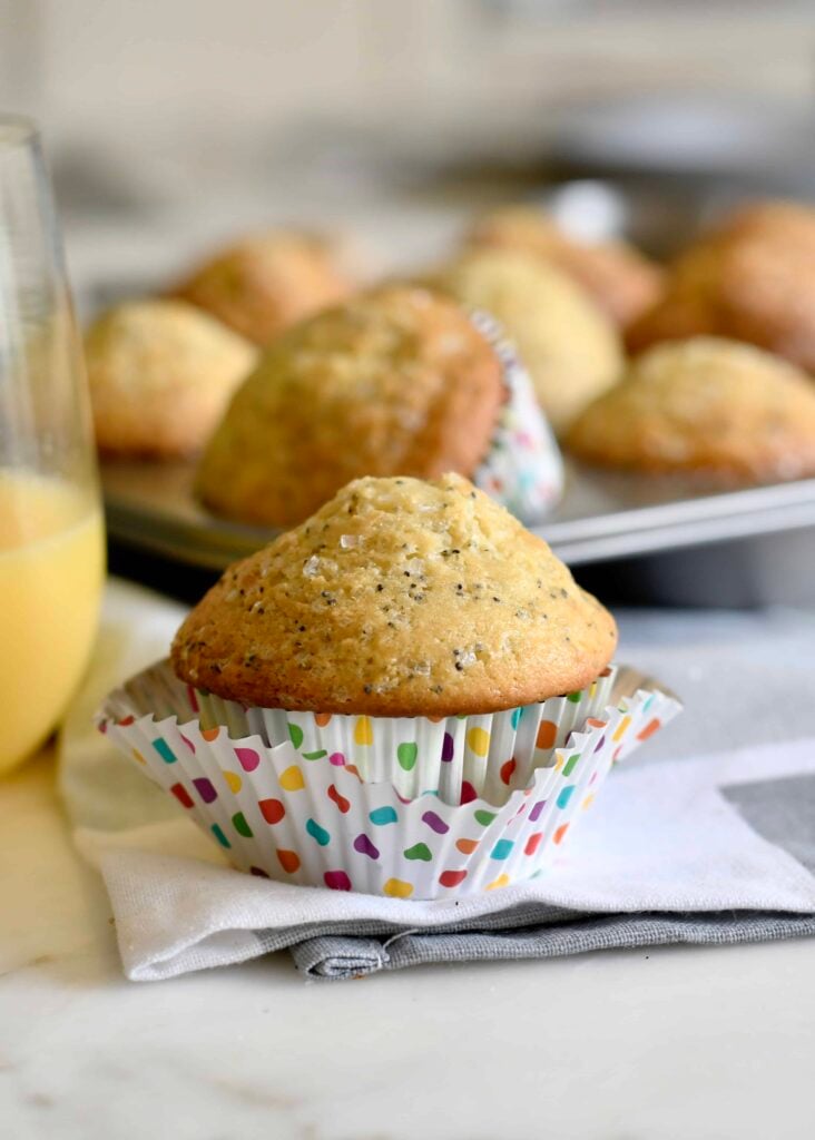 A poppy seed muffin in a colorful, polka dot paper liner sits on a napkin, with a glass of orange juice to the side and a muffin tin with more muffins in the background.