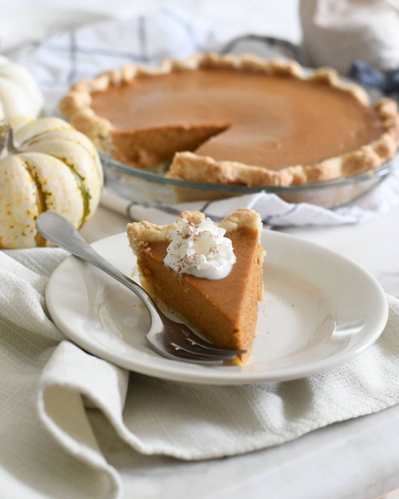 A slice of pumpkin pie with whipped cream and a sprinkle of cinnamon sits on a white plate with a fork, in front of a whole pumpkin pie and small decorative pumpkins.