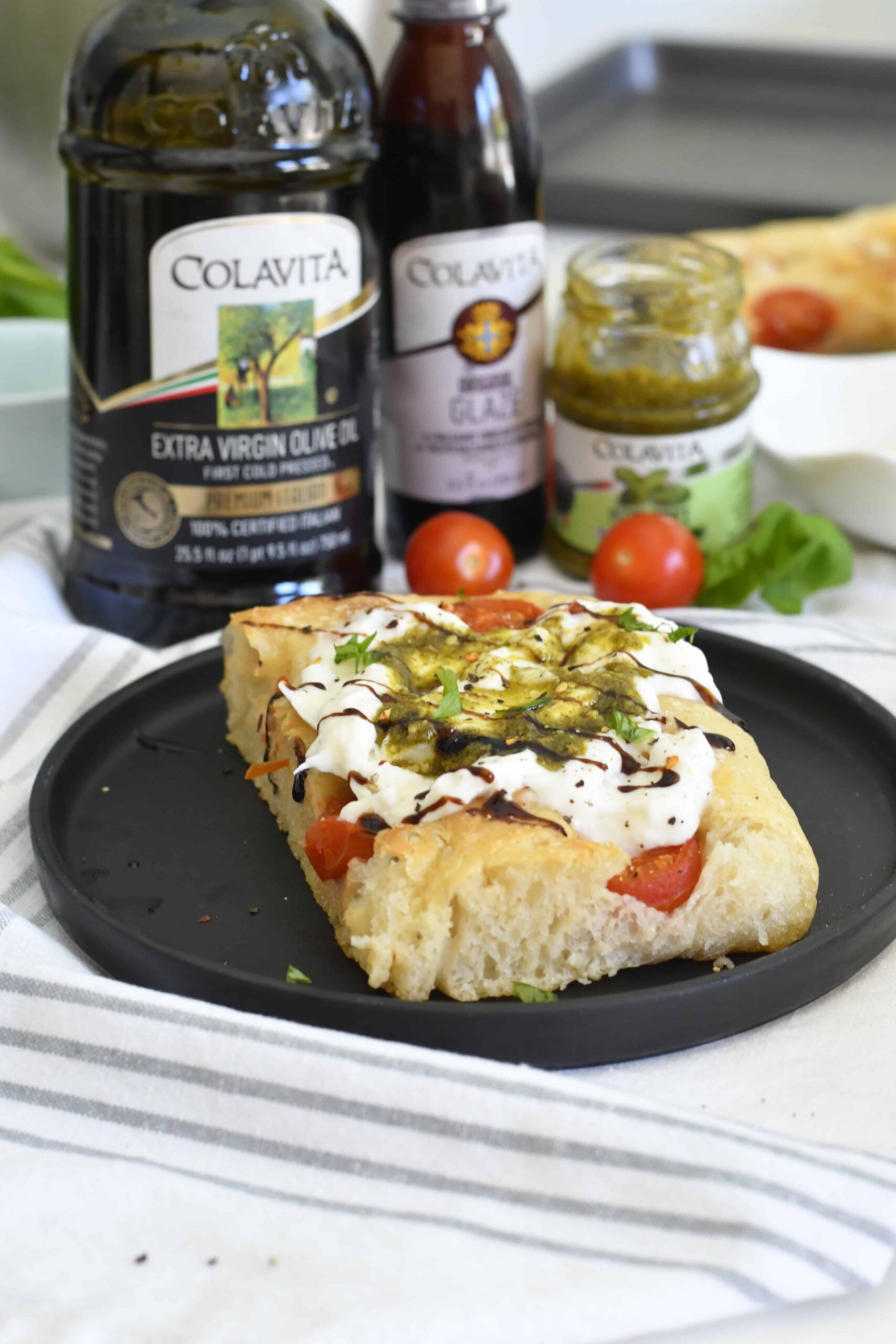 Easy No-Knead Caprese Focaccia with Burrata, Pesto & Balsamic Glaze