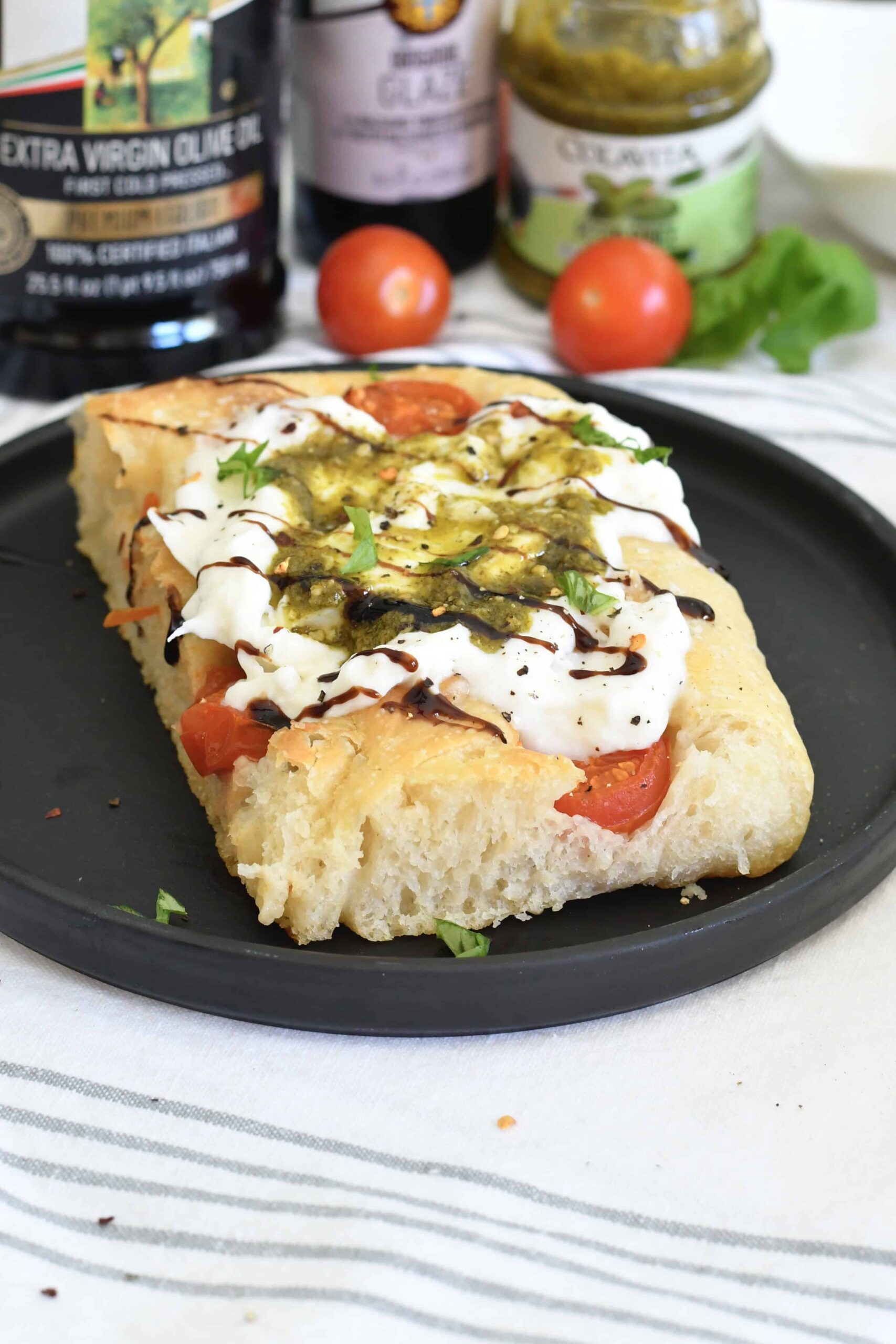 Easy No-Knead Caprese Focaccia with Burrata, Pesto & Balsamic Glaze