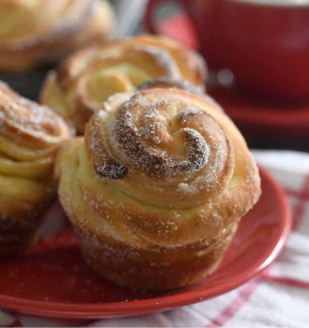 Close-up of sugar-dusted, spiral-shaped pastries on a red plate, with a blurred background featuring a red cup and another pastry.