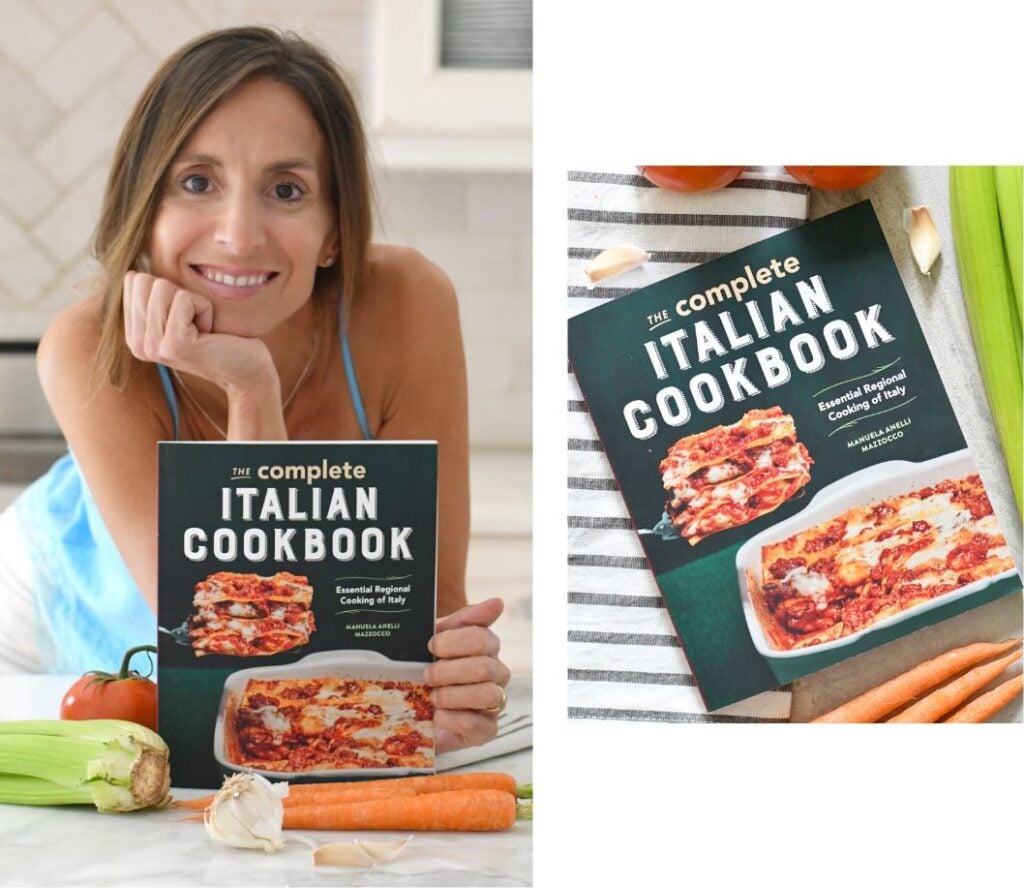 A smiling woman rests her chin on her hand and holds The Complete Italian Cookbook. Next to her is a flat lay of the cookbook surrounded by carrots, celery, garlic, and a tomato.